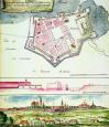 Profile, plan and view of the fortifications of Zamość at the beginning of the 18th century.. Bastions have a peculiar brick counterguard with the  underground corridor, perhaps of the importance of  the sidewalk facilitating digging mine corridors. Despite the use of the fire-bridge and indoor road behind the moat.  