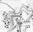 Realia – ten sam fragment twierdzy na planie doraźnej rozbudowy twierdzy w roku 1854. Luneta rozwiązana wyłącznie w postaci ziemnego dwuramiennika – po wielkiej reducie nie ma śladu. Zwraca uwagę nadmiernie rozwinięta zieleń przeszkodowa na przedstoku słoniczoła Bastionu IV.  